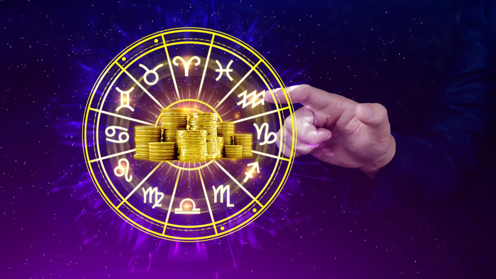 Zodiac wheel overlaid with coins and chart symbolizing money personality quiz